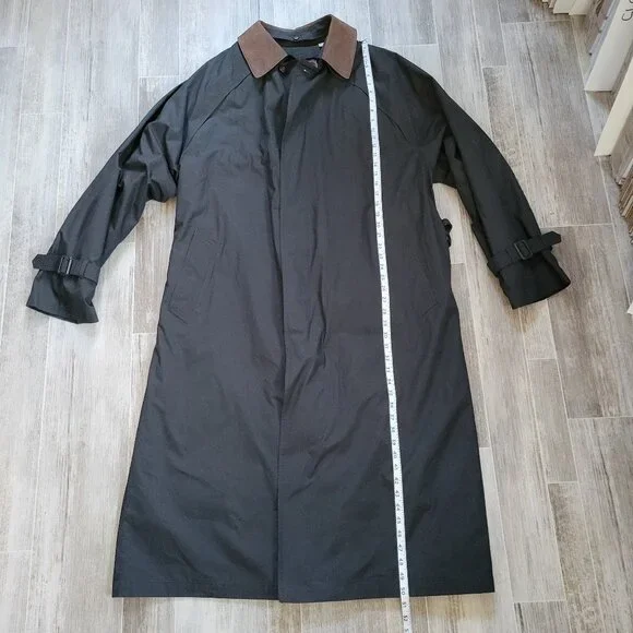London Fog Men’s Sz 46 Long Black Trench Coat, Lined, Button Front, EUC